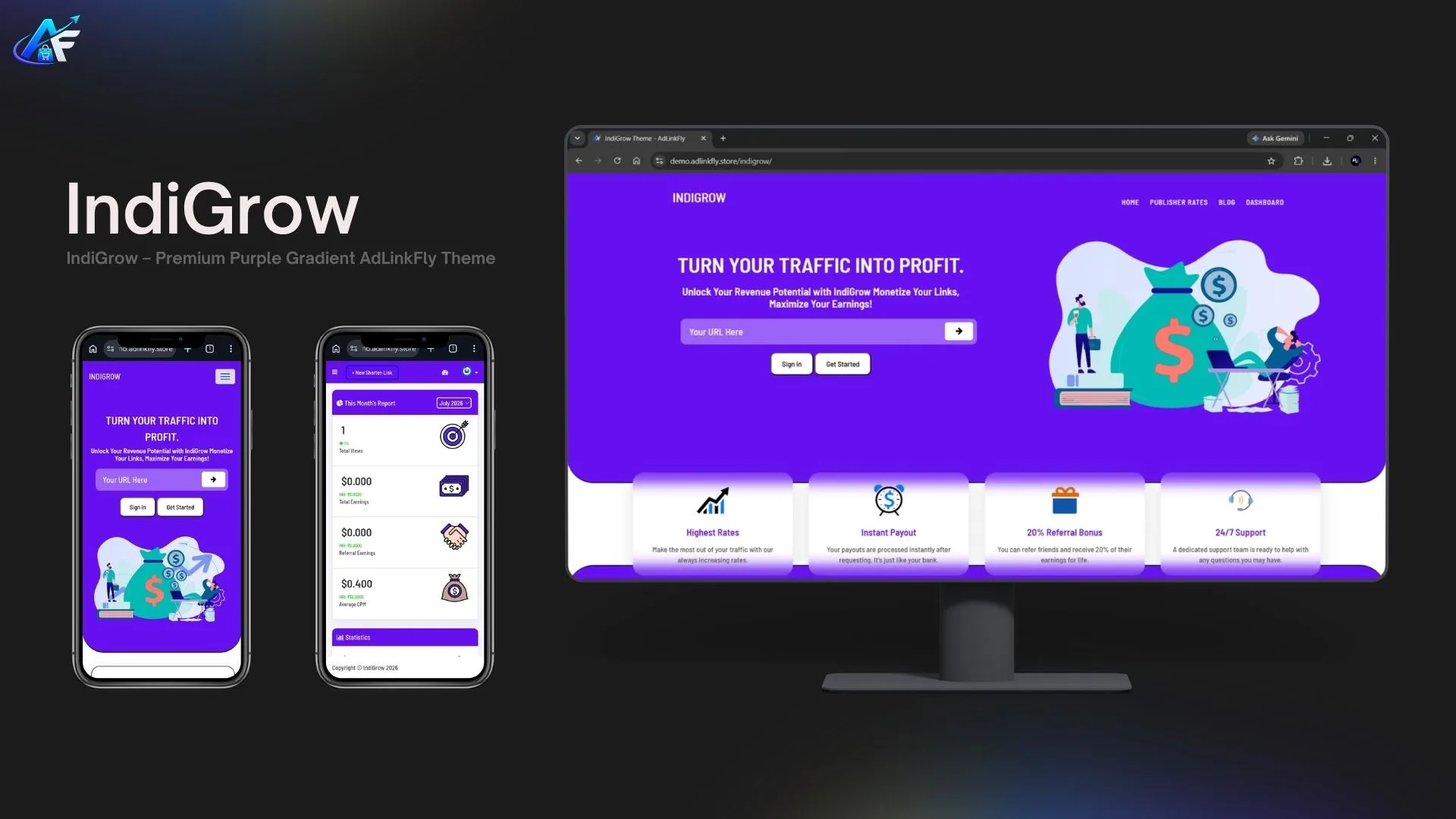 IndiGrow Theme for AdLinkFly — A Complete Design Upgrade for Your URL Shortener Website